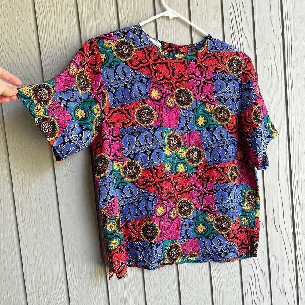 Vintage 80s 100% Silk Bright Colorful Print Sleeve, SZ L - Picture 9 of 12